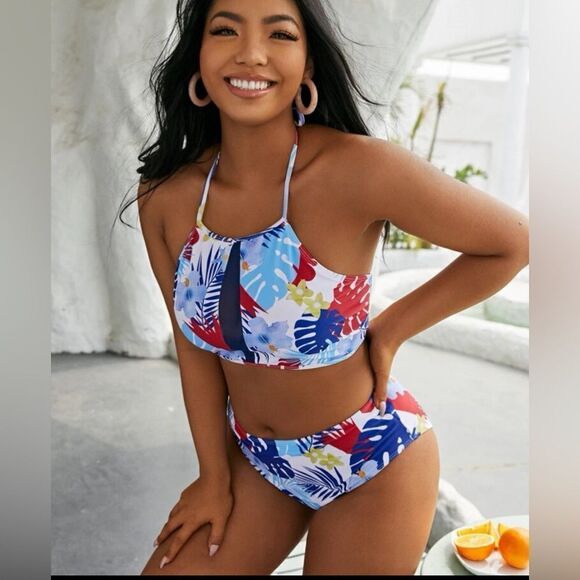 Shein Plus Floral & Tropical Mesh Insert Bikini Swimsuit - Picture 3 of 4